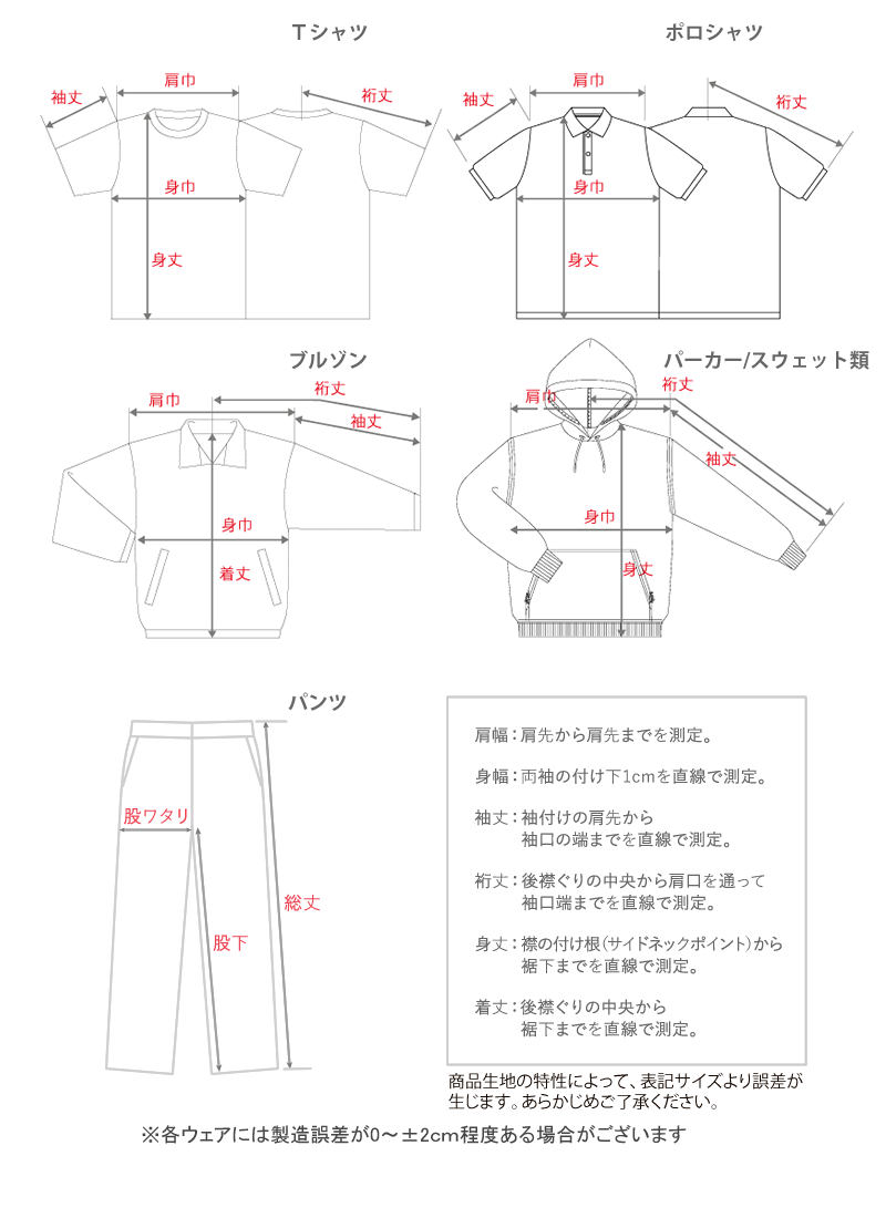 ウェアサイズの見方/測り方の説明